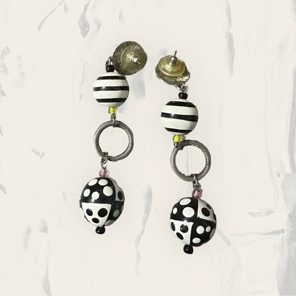 Vintage Earrings Black White Polka Dot Hoop Blue Gem‎ Drop Dangle Beaded - Picture 2 of 3